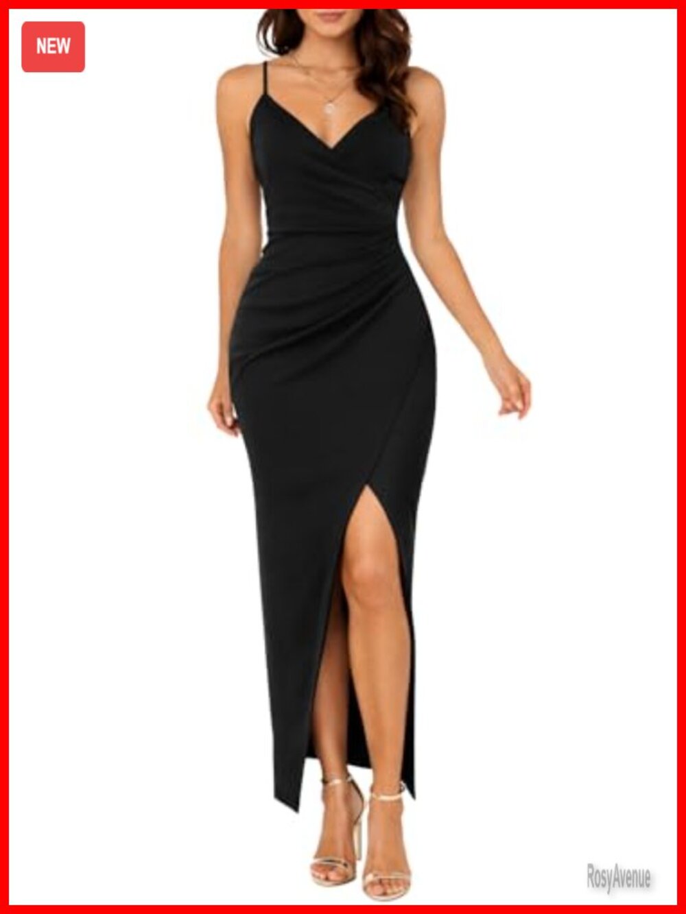 Elegant V Neck Wrap Bodycon Maxi Dress Spaghetti Strap Ruched Side Slit Formal